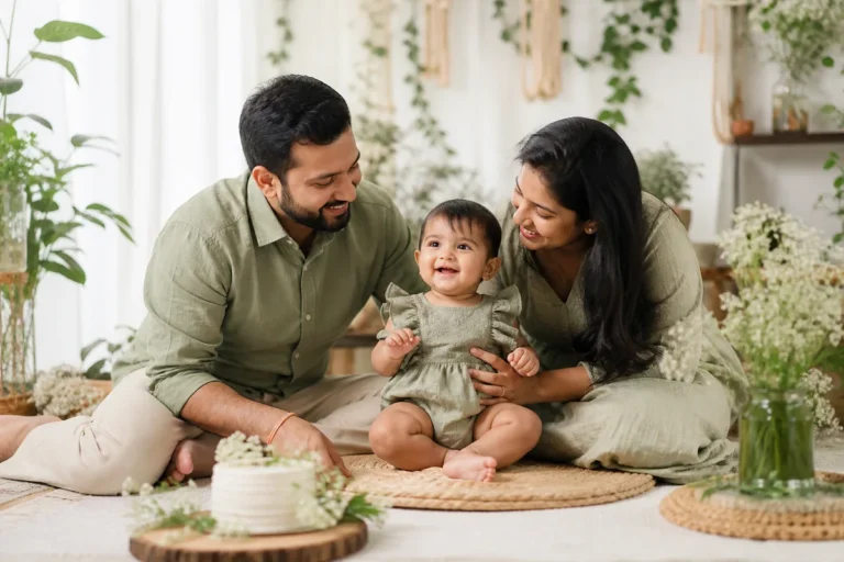 Indian family at a one-year baby photoshoot in Hyderabad