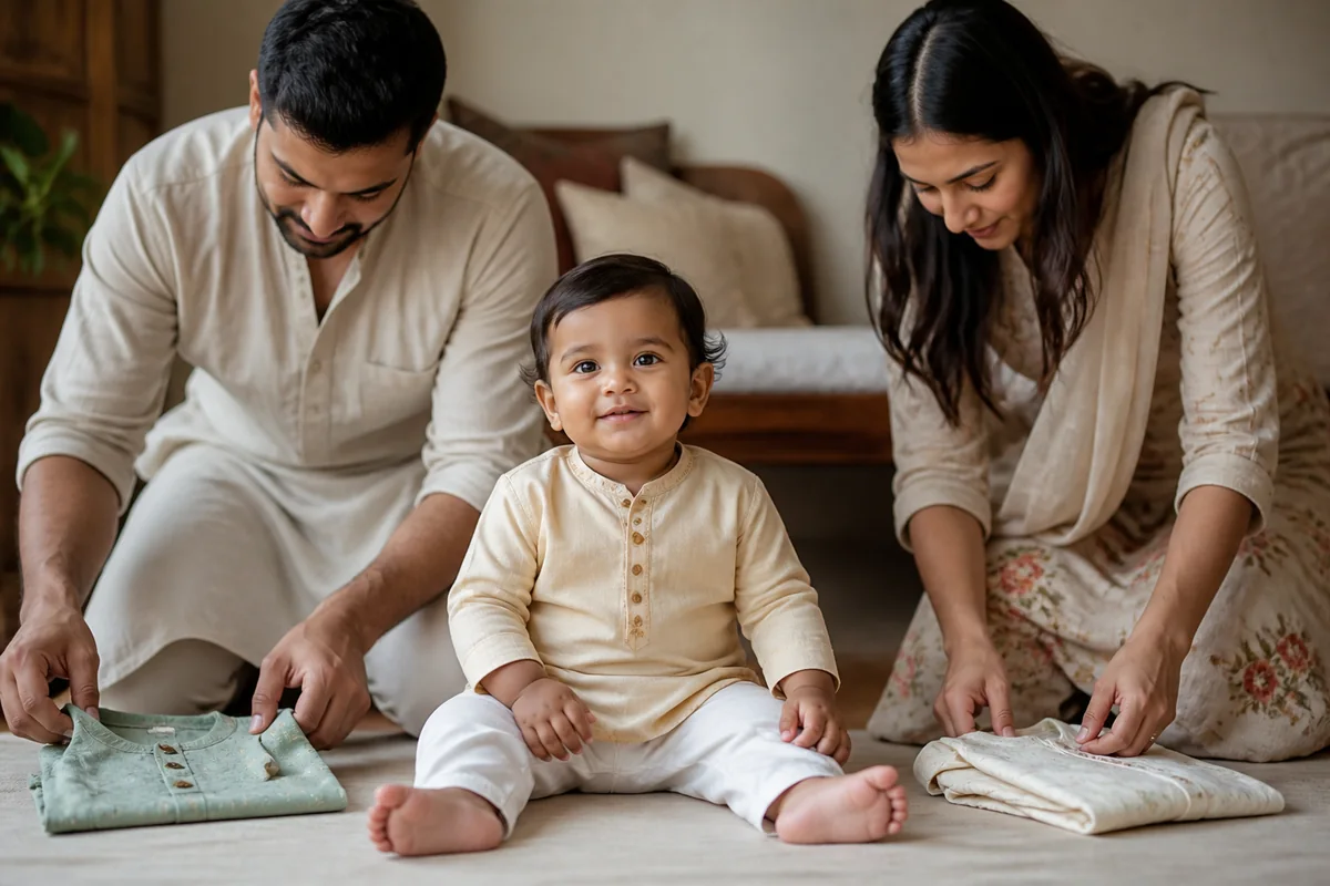 One-year-old baby in a comfortable festive outfit
