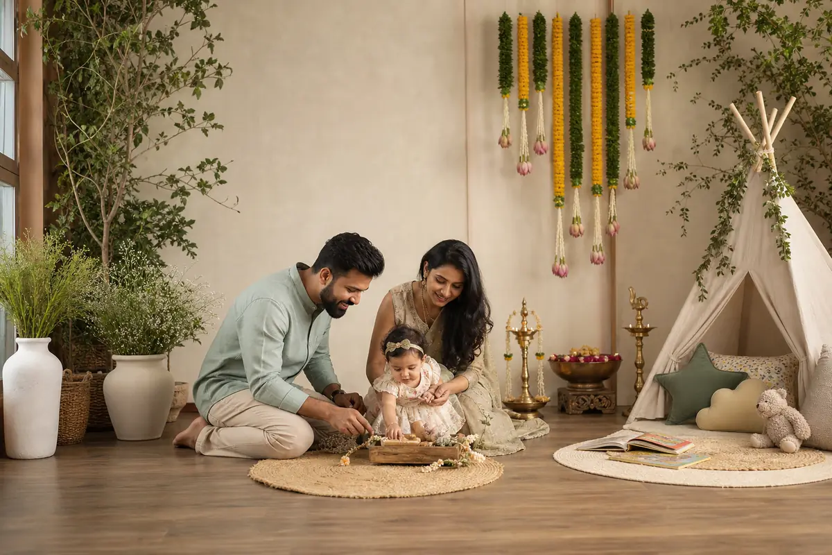Parents choosing a first-birthday photoshoot theme